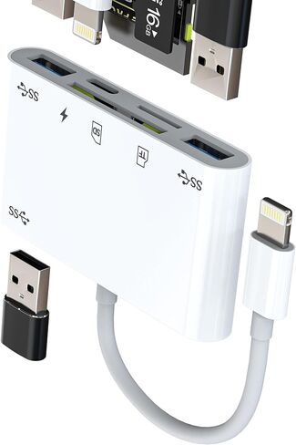 قارئ بطاقة SD لهاتف Iphone 14 13 Pro Max Lightning إلى USB محول (6 في 1) كاميرا رقمية عصا ذاكرة Micro SD OTG TF كابل منفذ شاحن لقابس هاتف Apple لجهاز Ipad متوافق مع ملحقات Samsung in Kuwait