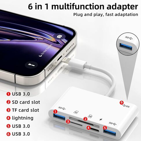 قارئ بطاقة SD لهاتف Iphone 14 13 Pro Max Lightning إلى USB محول (6 في 1) كاميرا رقمية عصا ذاكرة Micro SD OTG TF كابل منفذ شاحن لقابس هاتف Apple لجهاز Ipad متوافق مع ملحقات Samsung in Kuwait