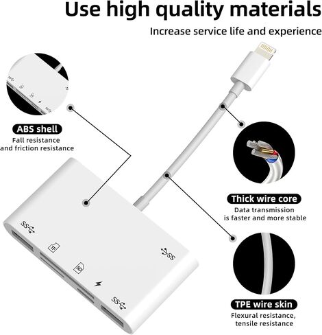 قارئ بطاقة SD لهاتف Iphone 14 13 Pro Max Lightning إلى USB محول (6 في 1) كاميرا رقمية عصا ذاكرة Micro SD OTG TF كابل منفذ شاحن لقابس هاتف Apple لجهاز Ipad متوافق مع ملحقات Samsung in Kuwait