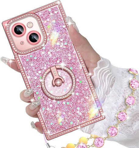 حافظة Miss Arts لهاتف iPhone 13 مع حامل حلقي، حافظة هاتف لامعة لامعة للنساء والفتيات، غطاء حماية فاخر بحجر الراين لهاتف iPhone 13 6.1 بوصة، وردي in Saudi Arabia