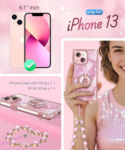 حافظة Miss Arts لهاتف iPhone 13 مع حامل حلقي، حافظة هاتف لامعة لامعة للنساء والفتيات، غطاء حماية فاخر بحجر الراين لهاتف iPhone 13 6.1 بوصة، وردي in Saudi Arabia