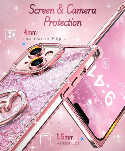 حافظة Miss Arts لهاتف iPhone 13 مع حامل حلقي، حافظة هاتف لامعة لامعة للنساء والفتيات، غطاء حماية فاخر بحجر الراين لهاتف iPhone 13 6.1 بوصة، وردي in Saudi Arabia