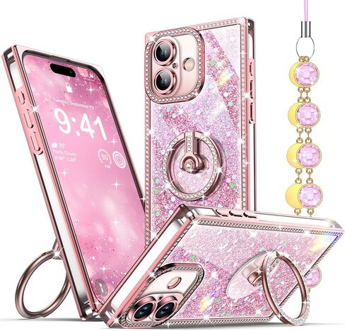 حافظة Miss Arts لهاتف iPhone 13 مع حامل حلقي، حافظة هاتف لامعة لامعة للنساء والفتيات، غطاء حماية فاخر بحجر الراين لهاتف iPhone 13 6.1 بوصة، وردي in Saudi Arabia