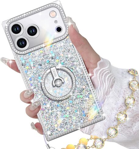 حافظة Miss Arts لهاتف iPhone 13 مع حامل حلقي، حافظة هاتف لامعة لامعة للنساء والفتيات، غطاء حماية فاخر بحجر الراين لهاتف iPhone 13 6.1 بوصة، وردي in Saudi Arabia