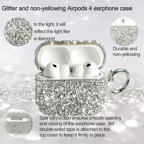لحافظة AirPods 4 اللامعة اللطيفة للنساء| حافظات Bling Hard Airpod iPods 4 | مع سلسلة المفاتيح | حافظة Air Pods الجيل الرابع من حجر الراين اللامع للنساء والفتيات - موديل A3058​/A3059 (أبيض) in Kuwait