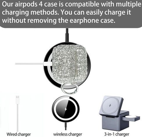 لحافظة AirPods 4 اللامعة اللطيفة للنساء| حافظات Bling Hard Airpod iPods 4 | مع سلسلة المفاتيح | حافظة Air Pods الجيل الرابع من حجر الراين اللامع للنساء والفتيات - موديل A3058​/A3059 (أبيض) in Kuwait