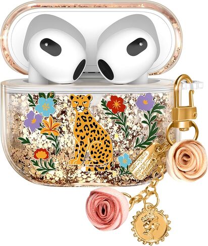 Joyleop for Airpods 4 Case - Cute Girly Quicksand Liquid for Women Girl Pretty Aesthetic Shiny Bling Stylish Bee and Flowers Design Protective Case for Airpods 4th Generation 2024 Cover with Keychian in Kuwait