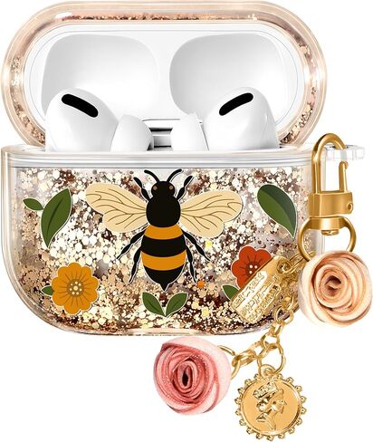 Joyleop for Airpods 4 Case - Cute Girly Quicksand Liquid for Women Girl Pretty Aesthetic Shiny Bling Stylish Bee and Flowers Design Protective Case for Airpods 4th Generation 2024 Cover with Keychian in Kuwait
