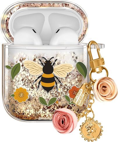 Joyleop for Airpods 4 Case - Cute Girly Quicksand Liquid for Women Girl Pretty Aesthetic Shiny Bling Stylish Bee and Flowers Design Protective Case for Airpods 4th Generation 2024 Cover with Keychian in Kuwait