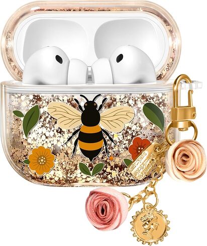 Joyleop for Airpods 4 Case - Cute Girly Quicksand Liquid for Women Girl Pretty Aesthetic Shiny Bling Stylish Bee and Flowers Design Protective Case for Airpods 4th Generation 2024 Cover with Keychian in Kuwait