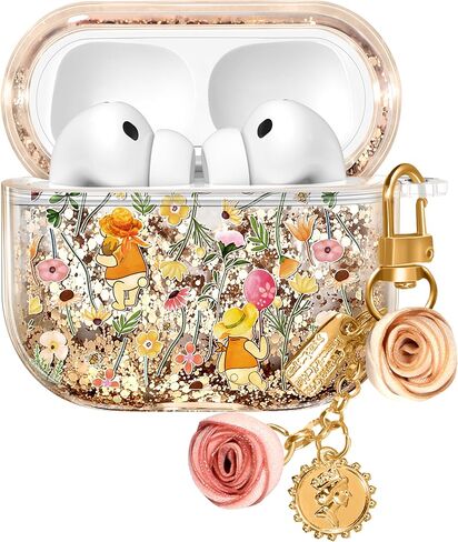 Joyleop for Airpods 4 Case - Cute Girly Quicksand Liquid for Women Girl Pretty Aesthetic Shiny Bling Stylish Bee and Flowers Design Protective Case for Airpods 4th Generation 2024 Cover with Keychian in Kuwait