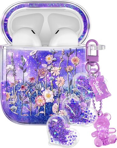 Joyleop for Airpods 4 Case - Cute Girly Quicksand Liquid for Women Girl Pretty Aesthetic Shiny Bling Stylish Bee and Flowers Design Protective Case for Airpods 4th Generation 2024 Cover with Keychian in Kuwait