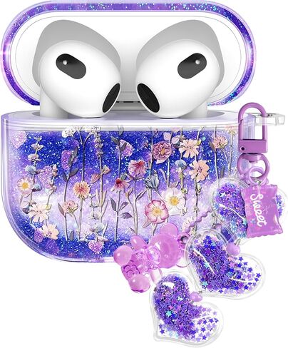 Joyleop for Airpods 4 Case - Cute Girly Quicksand Liquid for Women Girl Pretty Aesthetic Shiny Bling Stylish Bee and Flowers Design Protective Case for Airpods 4th Generation 2024 Cover with Keychian in Kuwait
