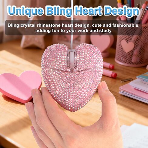 ماوس سلكي لطيف بلينغ كريستال حجر الراين الوردي شكل قلب الفئران الكمبيوتر مع سلك 4.59ft 3 أزرار 2.4 جيجا هرتز البصرية المحمولة kawaii USB ماوس سلكي لأجهزة الكمبيوتر المحمول سطح المكتب دفتر الأطفال البالغين هدية in Kuwait