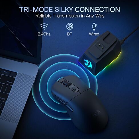 ماوس ألعاب لاسلكي خفيف الوزن من Redragon M998 مع قاعدة شحن مغناطيسية RGB، ماوس ضوئي سلكي/لاسلكي BT/2.4G، 24000 نقطة لكل بوصة، 5 أزرار قابلة للبرمجة للكمبيوتر الشخصي/Mac، أسود in Kuwait