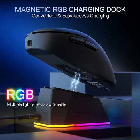 ماوس ألعاب لاسلكي خفيف الوزن من Redragon M998 مع قاعدة شحن مغناطيسية RGB، ماوس ضوئي سلكي/لاسلكي BT/2.4G، 24000 نقطة لكل بوصة، 5 أزرار قابلة للبرمجة للكمبيوتر الشخصي/Mac، أسود in Kuwait