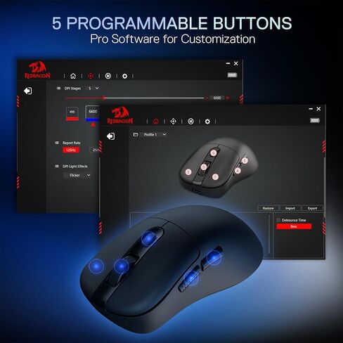 ماوس ألعاب لاسلكي خفيف الوزن من Redragon M998 مع قاعدة شحن مغناطيسية RGB، ماوس ضوئي سلكي/لاسلكي BT/2.4G، 24000 نقطة لكل بوصة، 5 أزرار قابلة للبرمجة للكمبيوتر الشخصي/Mac، أسود in Kuwait