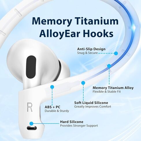 خطافات أذن من سبائك التيتانيوم Adhiper لأجهزة Airpods 4/3/2/1، AirPods Pro 3 (2025) /Pro 2/Pro 1 [حبل إضافي مضاد للفقد]، إكسسوارات تناسب بشكل آمن، خطافات مشبك رياضية مضادة للانزلاق (أبيض) in Kuwait