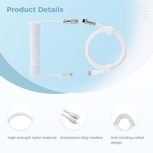 9.84Ft Nylon Coiled Keyboard Cable for Gaming, Double Sleeved in Saudi Arabia
