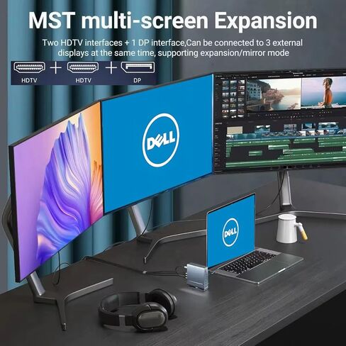 قاعدة إرساء لأجهزة الكمبيوتر المحمول Dell XPS 13 14 15 16 17، 15 في 1 USB C مع قاعدة دوارة 360 درجة، 2 * 4K HDMI و1 * DP، نقل منفذ USB 10 جيجابت في الثانية، RJ45، صوت، SD/TF in Saudi Arabia