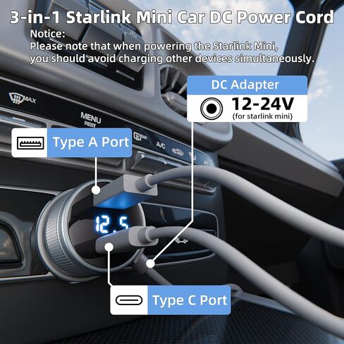 DAIERTEK Starlink Mini Cigarette Lighter Adapter USB C, 3 in 1, Starlink Mini Voltage Step Up Cord, 36V 1.67A Output, 12V-36V Input, 18 AWG, Portable in Saudi Arabia