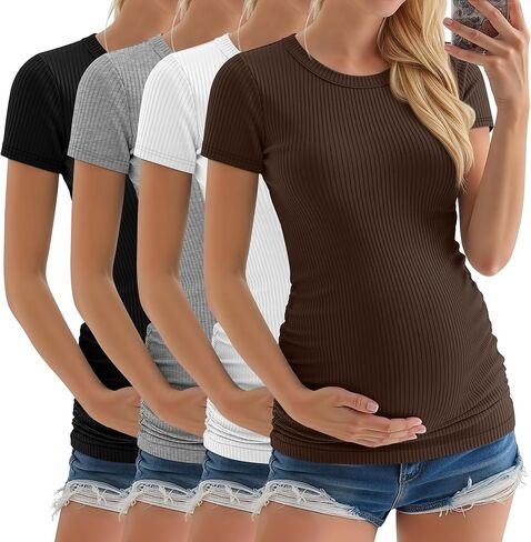 Neer 4 Pack Women's Maternity Cotton T Shirts Short Sleeve Tops Side Ruched Pregnancy Tees Casual Ribbed Mama Clothes in Saudi Arabia