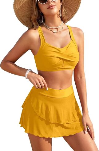 Women's High Waisted Bikini Set Twist Front Two Piece Swimsuit Tummy Control Mesh Swim Skirt 2025 Lace Up Swimsuit in Saudi Arabia