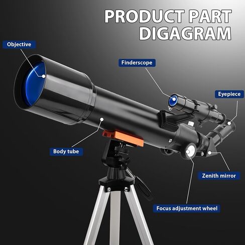 تلسكوب، تلسكوبات منكسرة محمولة بفتحة 70 مم للمبتدئين في علم الفلك، تلسكوب سفر احترافي 500 مم مع حقيبة حمل، أسود in Kuwait