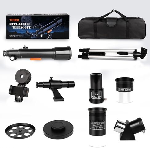تلسكوب، تلسكوبات منكسرة محمولة بفتحة 70 مم للمبتدئين في علم الفلك، تلسكوب سفر احترافي 500 مم مع حقيبة حمل، أسود in Kuwait