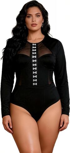 comeondear Womens Trendy Sexy Bodysuit Hook Crew Neck Long Sleeve Sheer Mesh Breathable Soft Slim Fit Bodysuits Tops in Kuwait