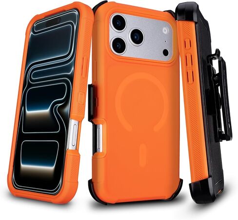 for iPhone 17 Pro Case with Belt Clip, Compatible with Magsafe, Anti-Drop, Anti-Fingerprint, 3 in 1 Heavy Duty Shockproof Protective for Orange iPhone 17 Pro Case Rugged with Kickstand in Saudi Arabia