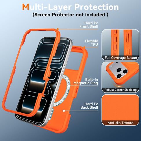 for iPhone 17 Pro Case with Belt Clip, Compatible with Magsafe, Anti-Drop, Anti-Fingerprint, 3 in 1 Heavy Duty Shockproof Protective for Orange iPhone 17 Pro Case Rugged with Kickstand in Saudi Arabia