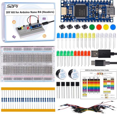 مجموعة GeeekPi DIY لـ Arduino Nano R4 مع رؤوس، مجموعة تعلم إلكترونيات للمبتدئين، تتضمن لوحة تجارب، مصابيح LED، مقاومات، ترانزستورات، أزرار ضغط، أسلاك توصيل، كابل برمجة USB-C، مع برنامج تعليمي in Kuwait