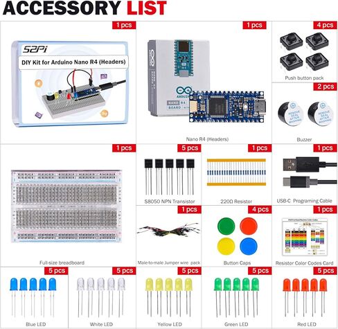 مجموعة GeeekPi DIY لـ Arduino Nano R4 مع رؤوس، مجموعة تعلم إلكترونيات للمبتدئين، تتضمن لوحة تجارب، مصابيح LED، مقاومات، ترانزستورات، أزرار ضغط، أسلاك توصيل، كابل برمجة USB-C، مع برنامج تعليمي in Kuwait