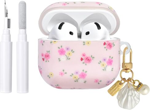 متوافق مع حافظة Airpods 4 مع طقم منظف، تصميم زهور أنيق لطيف وغطاء واقٍ ناعم من مادة TPU خرزة سلسلة مفاتيح للفتيات والنساء لـ AirPods الجيل الرابع - زهرة وردية in Kuwait