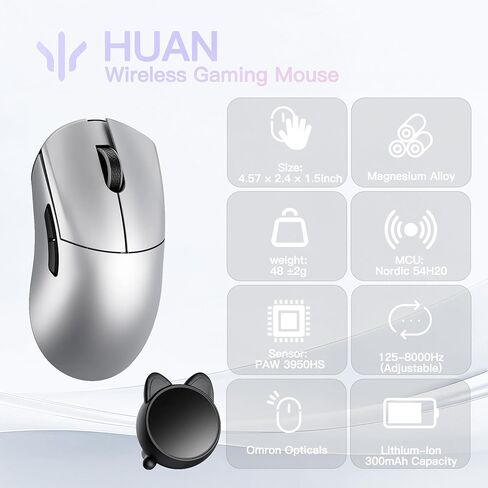 ماوس ألعاب WLMOUSE Huan 48 جرام خفيف الوزن للغاية من سبائك المغنيسيوم، مستقبل صوت وعرض 8K، لاسلكي/سلكي مزدوج 8K، مستشعر PAW3950HS، إضاءة عجلة RGB، نورديك 54H20 (فضي (مفتاح OM)) in Kuwait