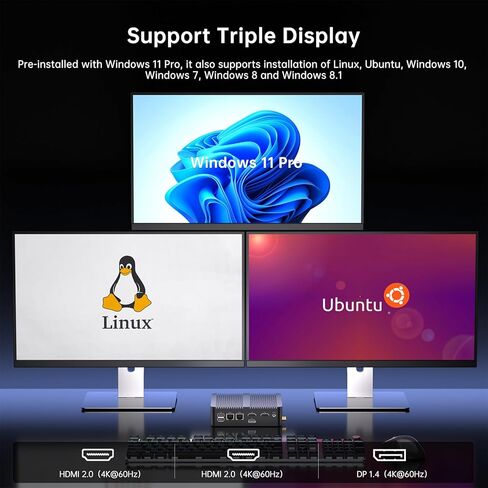 Thdeukoty Industrial Mini PC N150 (يصل إلى 3.6 جيجا هرتز)، نظام Win 11 Pro المثبت مسبقًا، 16 جيجا DDR4 RAM 256 جيجا Pcie M.2 SSD، WIFI6/BT5.2/USB3.0/RJ45/COM Ports/VESA، كمبيوتر بدون مروحة in Kuwait