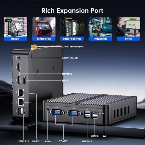 Thdeukoty Industrial Mini PC N150 (يصل إلى 3.6 جيجا هرتز)، نظام Win 11 Pro المثبت مسبقًا، 16 جيجا DDR4 RAM 256 جيجا Pcie M.2 SSD، WIFI6/BT5.2/USB3.0/RJ45/COM Ports/VESA، كمبيوتر بدون مروحة in Kuwait