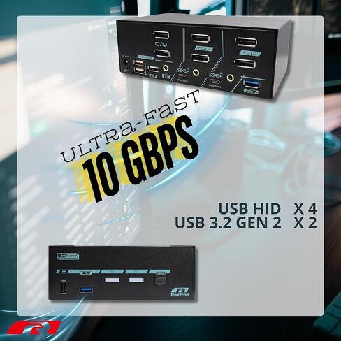 Rextron 8K DisplayPort 1.4 KVM Switch for 2 Computers 2 Monitors, USB 3.2 Gen 2 (10 Gbps), HDCP 2.2 Compliant, EDID Emulator, HDR, Deep Color, Plug & Play, Ideal for Office and Gaming, PAAG-ET3122B in Saudi Arabia
