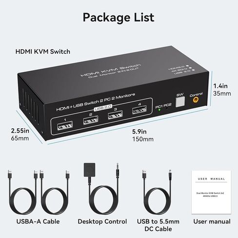 HDMI KVM Switch 2 Monitors Computers 4K@60Hz USB Switches Port for PC or Laptop Share Dual Monitor and 1 Set of Keyboa in Saudi Arabia