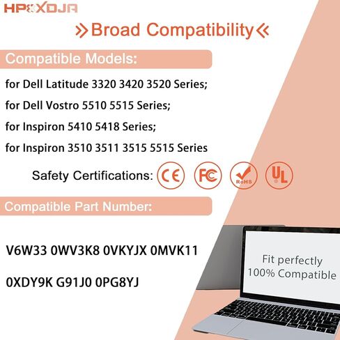 V6W33 Laptop Battery Replacement for Dell Latitude 3320 3420 3520 Vostro 5510 5515 Inspiron 5410 5418 3510 3511 3515 5515 Series notebook 0WV3K8 0VKYJX 0MVK11 0XDY9K G91J0 0PG8YJ 15V 54Wh 3420mAh in Kuwait