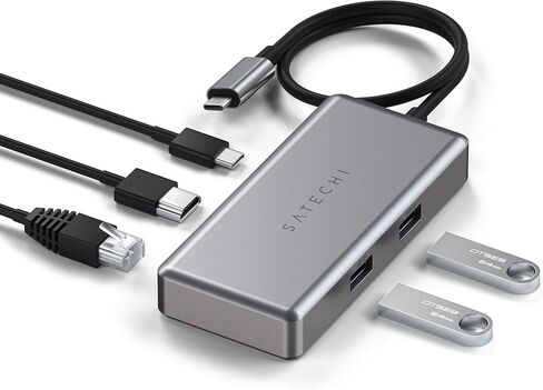 محول Satechi 5 في 1 USB-C متعدد المنافذ لجهاز Chromebook مع Gigabit Ethernet و4K HDMI (60 هرتز)، وشحن USB-C PD (96W) و2 USB-A 3.0 - رمادي فلكي in Kuwait