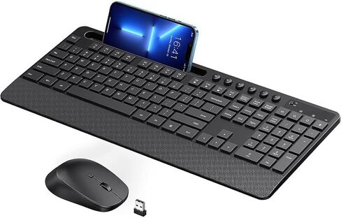 Wireless Keyboard and Mouse Combo, Full-Size Typewriter Keyboard with Phone Holder, Palm Rest,Sleep Mode, Click Soft, 2.4GHz Cordless Connection for Windows/PC/Laptop (Black) in Saudi Arabia