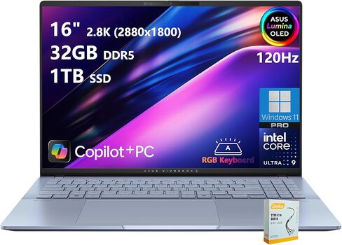 ASUS Vivobook S16 Copilot+ AI PC Laptop | 16" 2.8k OLED 120Hz | Intel Core Ultra 9 285H | 32GB DDR5 2TB SSD | RGB Backlit for Creator Designer Business Professional Win11 Pro w/DLCA Accessory in Saudi Arabia