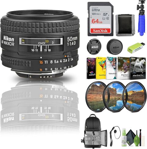 Nikon AF NIKKOR 50mm f/1.4D Lens (1902) + 64GB Memory Card + Filter Kit + Backpack + Card Reader + Corel Photo Software + Flex Tripod + Memory Wallet + Cap Keeper + Cleaning Kit in Saudi Arabia