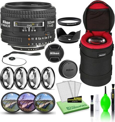 حزمة عدسة Nikon AF NIKKOR مقاس 50 مم f/1.4D طراز الولايات المتحدة الأمريكية (1902) مع حافظة عدسة مبطنة + طقم مرشح ماكرو + فلاتر عدسات UV وCPL وFL + غطاء توليب + حافظة غطاء العدسة + طقم تنظيف العدسة in Saudi Arabia