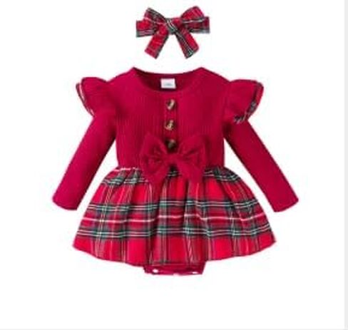 Baby Long Sleeve Crew Neck Jumpsuit - Solid Base with Plaid Skirt Hem for Outings​ in Saudi Arabia