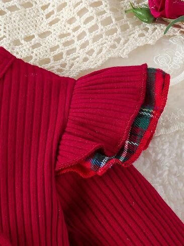 Baby Long Sleeve Crew Neck Jumpsuit - Solid Base with Plaid Skirt Hem for Outings​ in Saudi Arabia