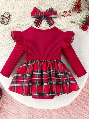 Baby Long Sleeve Crew Neck Jumpsuit - Solid Base with Plaid Skirt Hem for Outings​ in Saudi Arabia