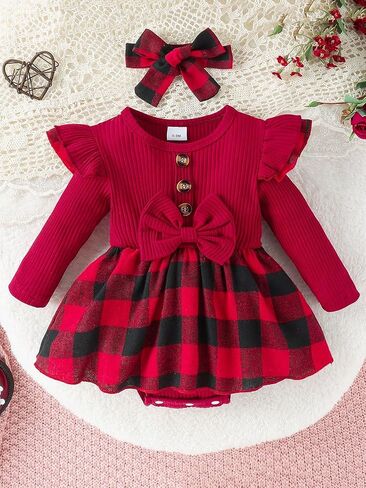 Baby Long Sleeve Crew Neck Jumpsuit - Solid Base with Plaid Skirt Hem for Outings​ in Saudi Arabia